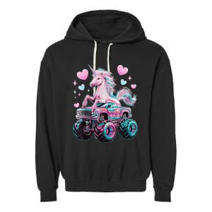 Monster Truck Unicorn Girl Birthday Party Monster Truck Garment-Dyed Fleece Hoodie