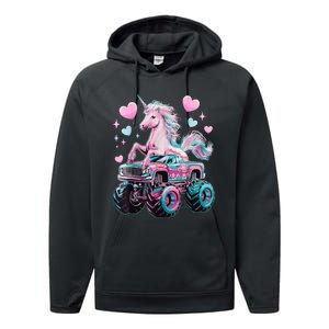 Monster Truck Unicorn Girl Birthday Party Monster Truck Performance Fleece Hoodie