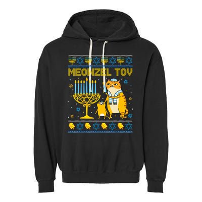 Meowzel Tov Ugly Hanukkah Sweater Cat Chanukah Jew Menorah Garment-Dyed Fleece Hoodie