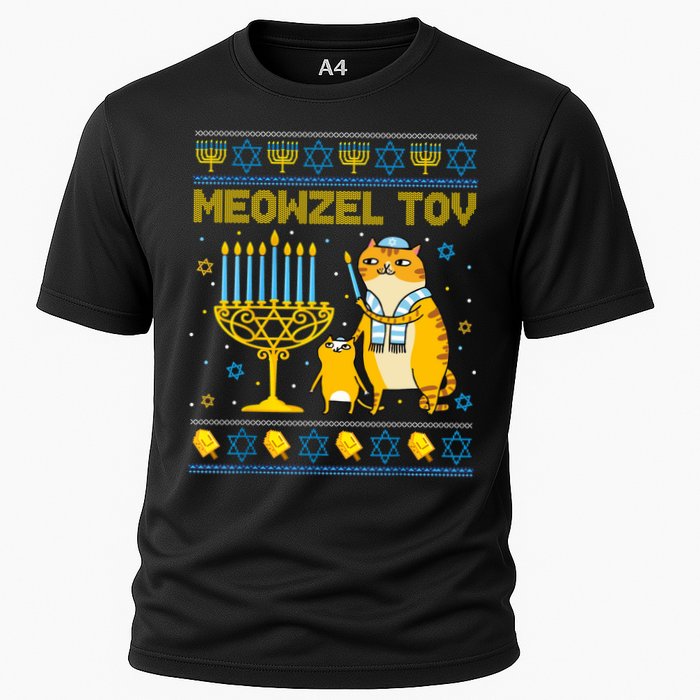 Meowzel Tov Ugly Hanukkah Sweater Cat Chanukah Jew Menorah Cooling Performance Crew T-Shirt