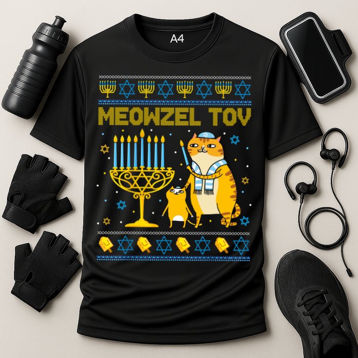 Meowzel Tov Ugly Hanukkah Sweater Cat Chanukah Jew Menorah Cooling Performance Crew T-Shirt