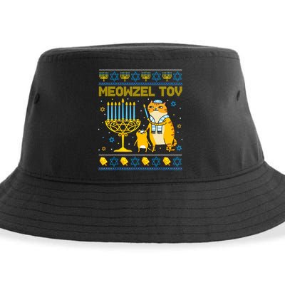 Meowzel Tov Ugly Hanukkah Sweater Cat Chanukah Jew Menorah Sustainable Bucket Hat