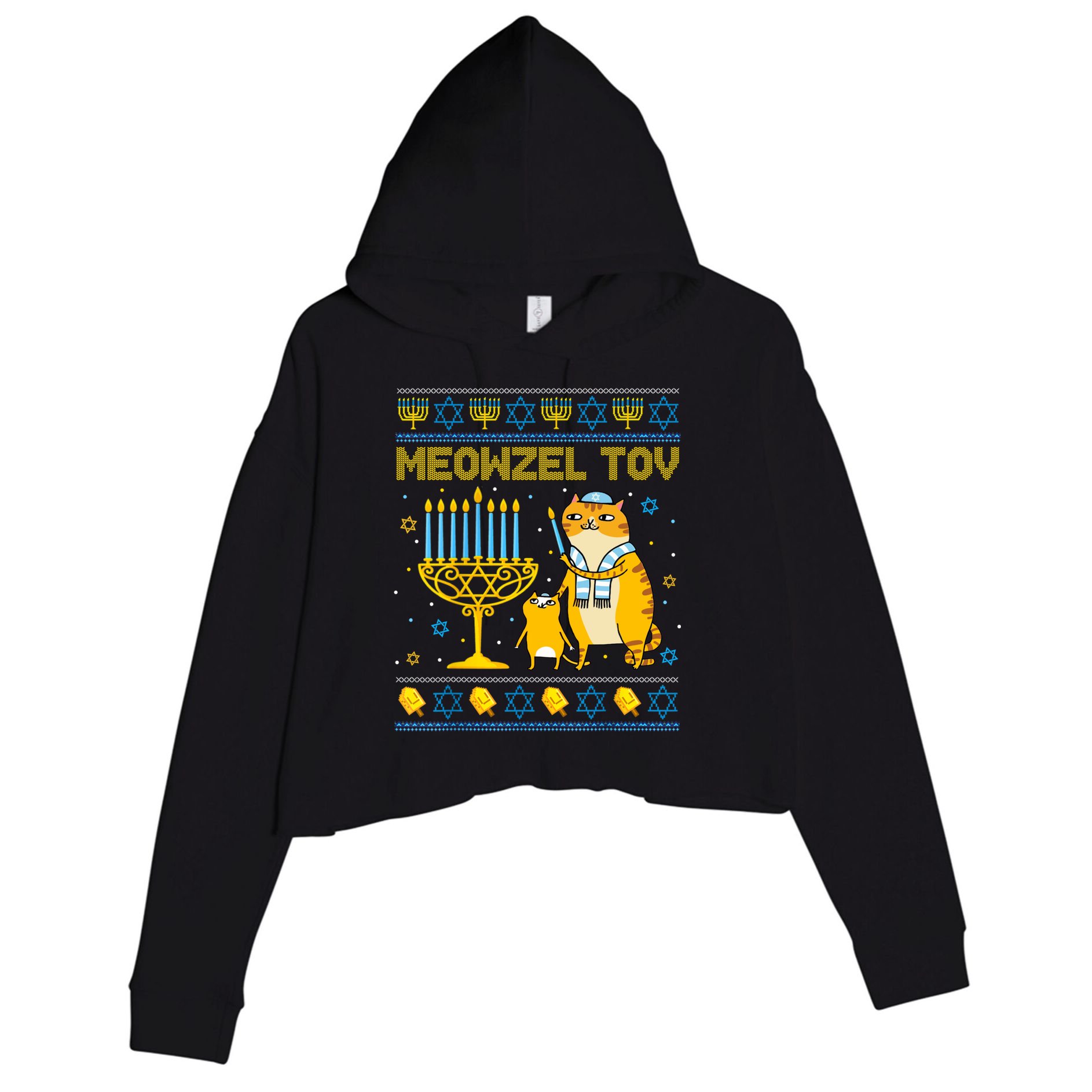 Meowzel Tov Ugly Hanukkah Sweater Cat Chanukah Jew Menorah Crop Fleece Hoodie
