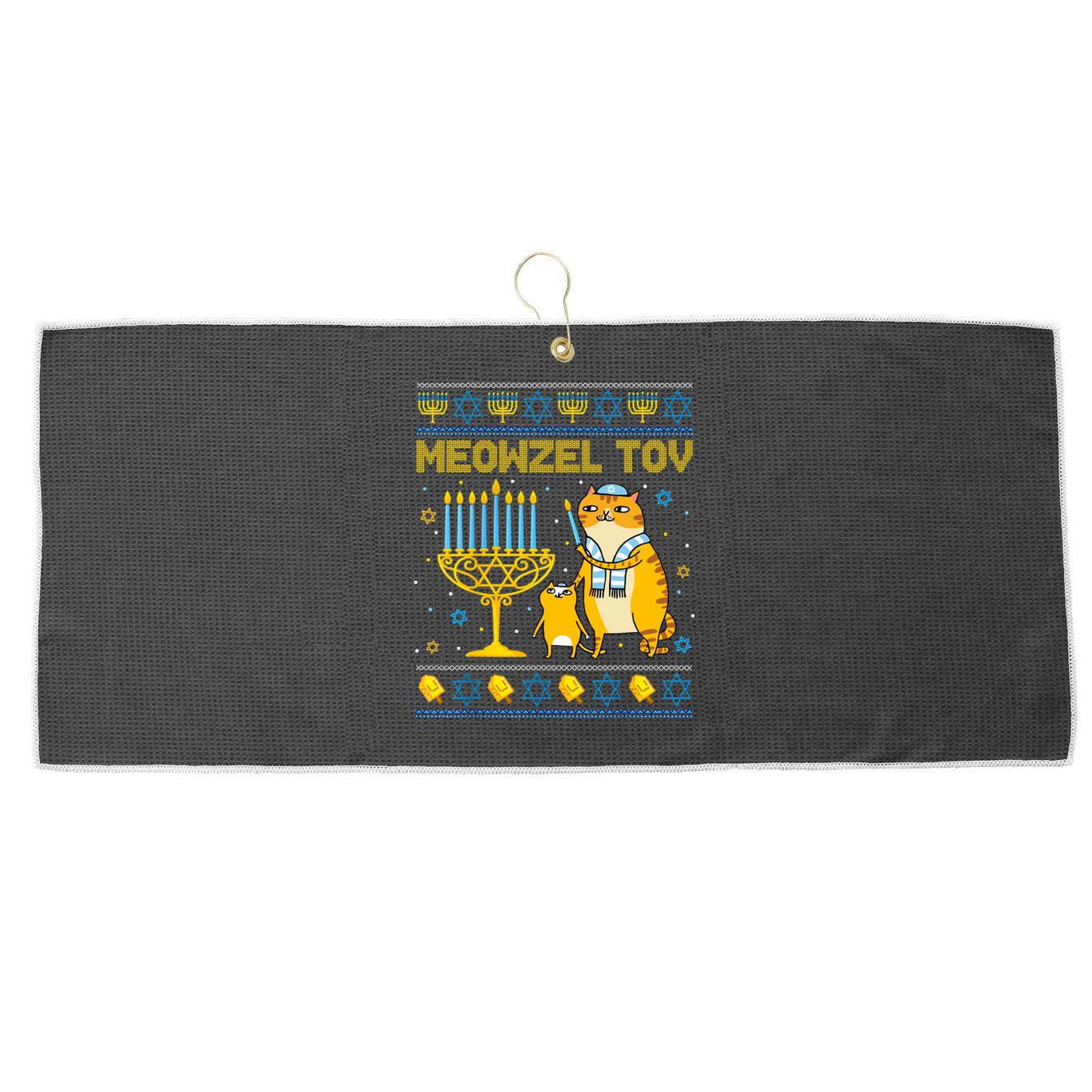 Meowzel Tov Ugly Hanukkah Sweater Cat Chanukah Jew Menorah Large Microfiber Waffle Golf Towel