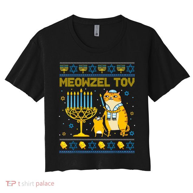 Meowzel Tov Ugly Hanukkah Sweater Cat Chanukah Jew Menorah Crop Top