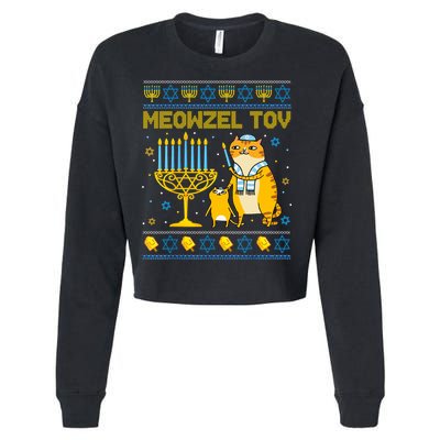 Meowzel Tov Ugly Hanukkah Sweater Cat Chanukah Jew Menorah Cropped Pullover Crew