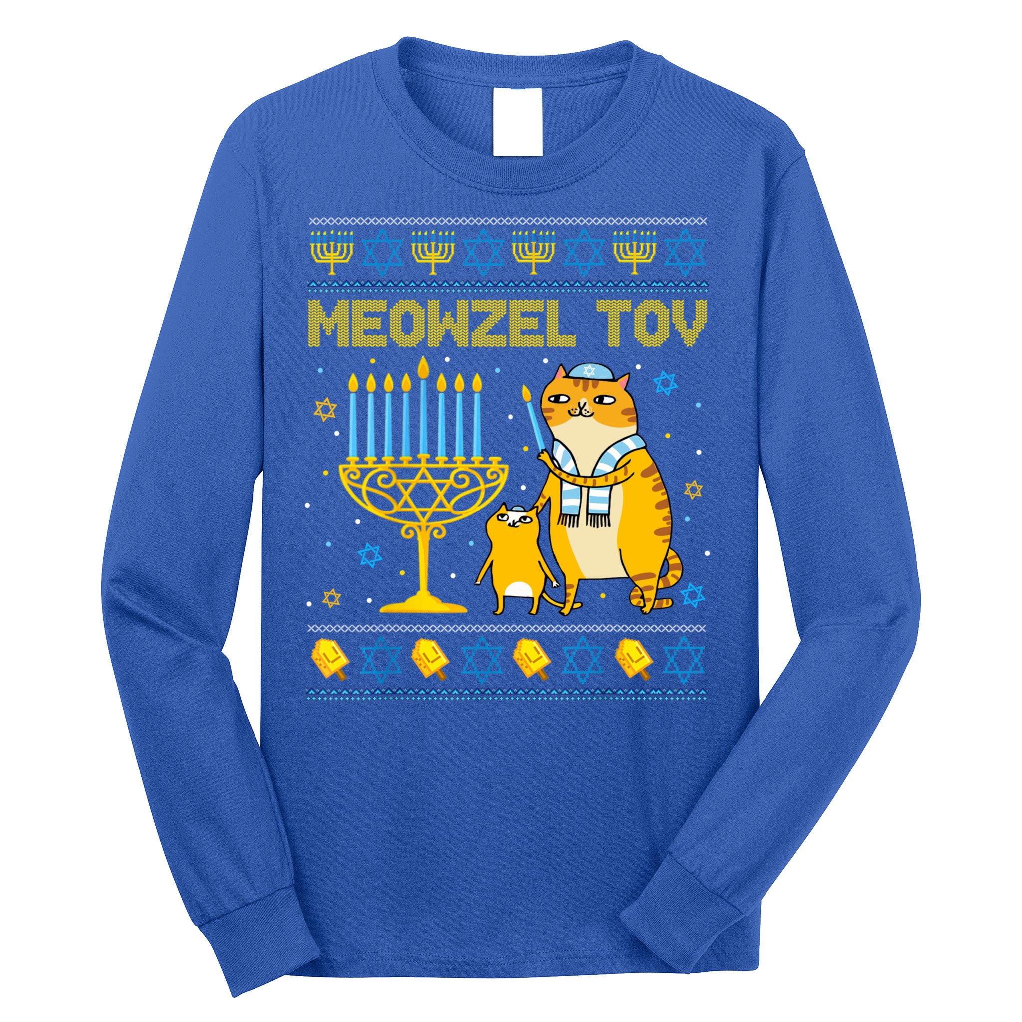 Meowzel Tov Ugly Hanukkah Sweater Cat Chanukah Jew Menorah Long Sleeve Shirt