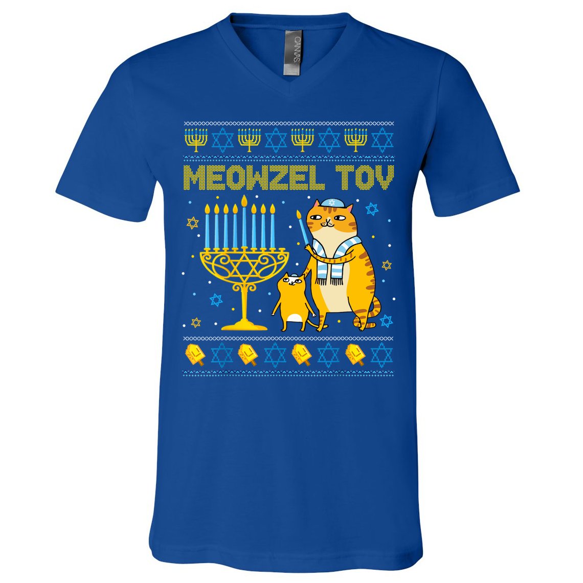 Meowzel Tov Ugly Hanukkah Sweater Cat Chanukah Jew Menorah V-Neck T-Shirt
