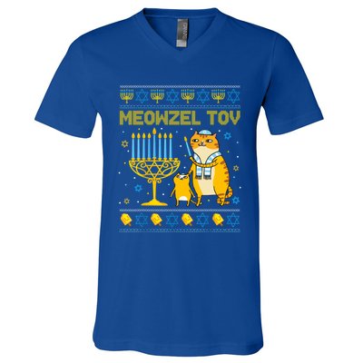 Meowzel Tov Ugly Hanukkah Sweater Cat Chanukah Jew Menorah V-Neck T-Shirt