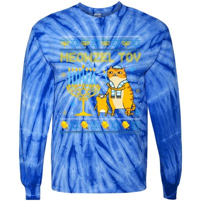 Meowzel Tov Ugly Hanukkah Sweater Cat Chanukah Jew Menorah Tie-Dye Long Sleeve Shirt