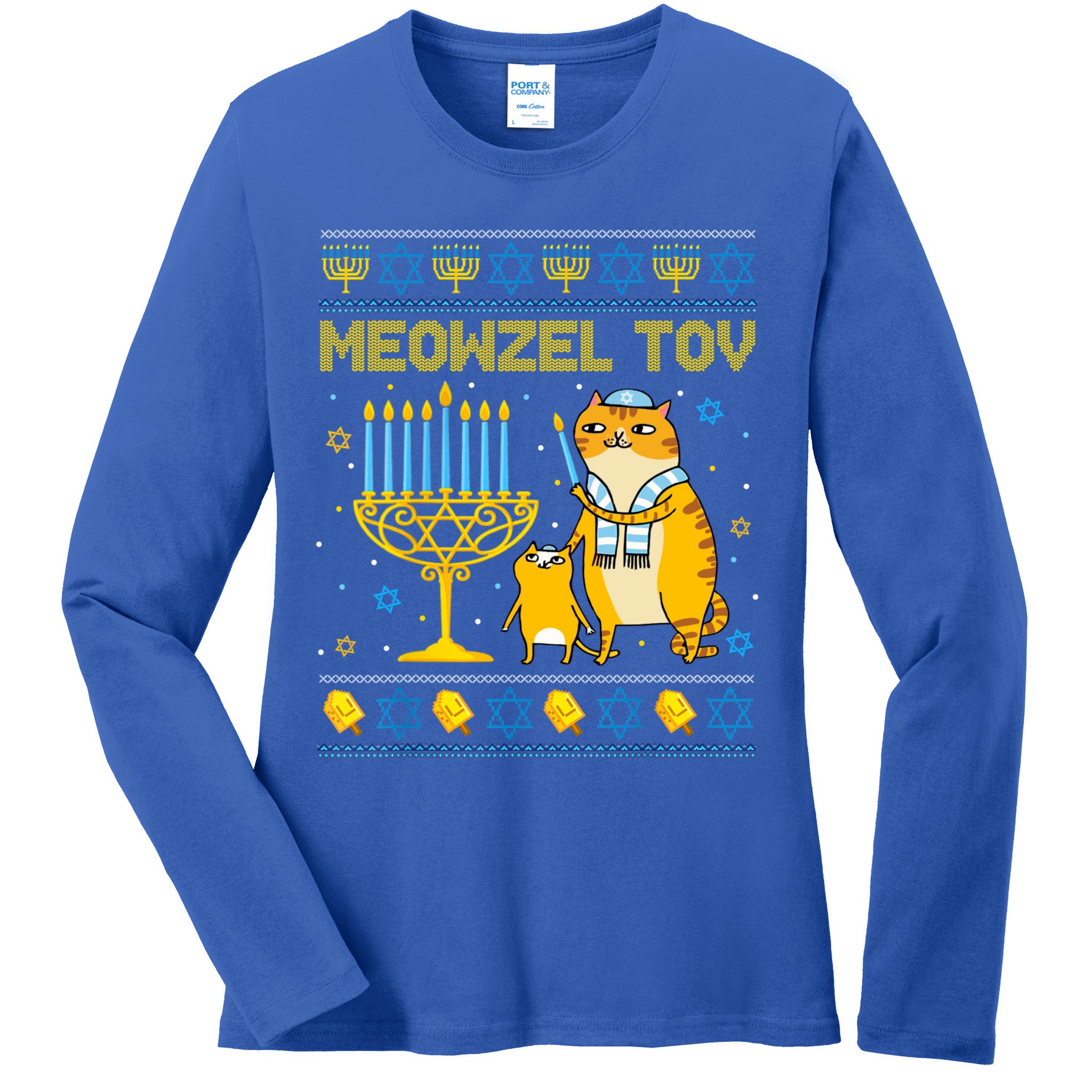 Meowzel Tov Ugly Hanukkah Sweater Cat Chanukah Jew Menorah Ladies Long Sleeve Shirt