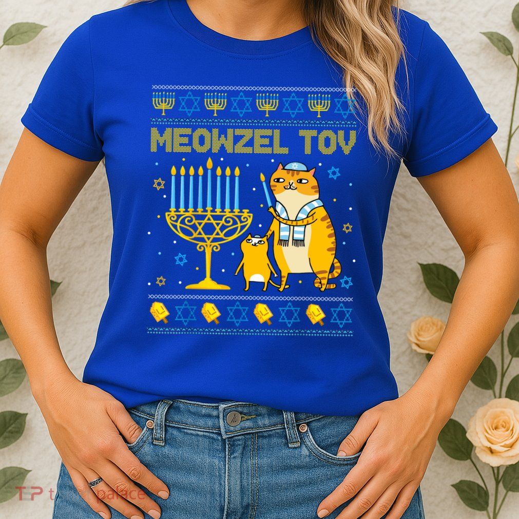 Meowzel Tov Ugly Hanukkah Sweater Cat Chanukah Jew Menorah Womens T-Shirt