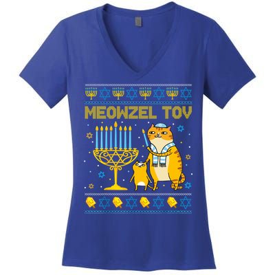 Meowzel Tov Ugly Hanukkah Sweater Cat Chanukah Jew Menorah Women's V-Neck T-Shirt