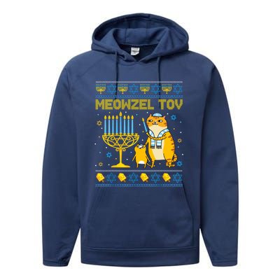 Meowzel Tov Ugly Hanukkah Sweater Cat Chanukah Jew Menorah Performance Fleece Hoodie