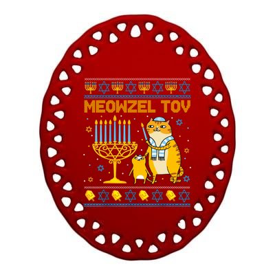 Meowzel Tov Ugly Hanukkah Sweater Cat Chanukah Jew Menorah Ceramic Oval Ornament