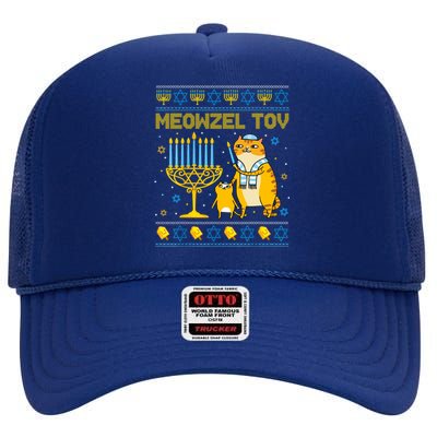 Meowzel Tov Ugly Hanukkah Sweater Cat Chanukah Jew Menorah High Crown Mesh Back Trucker Hat