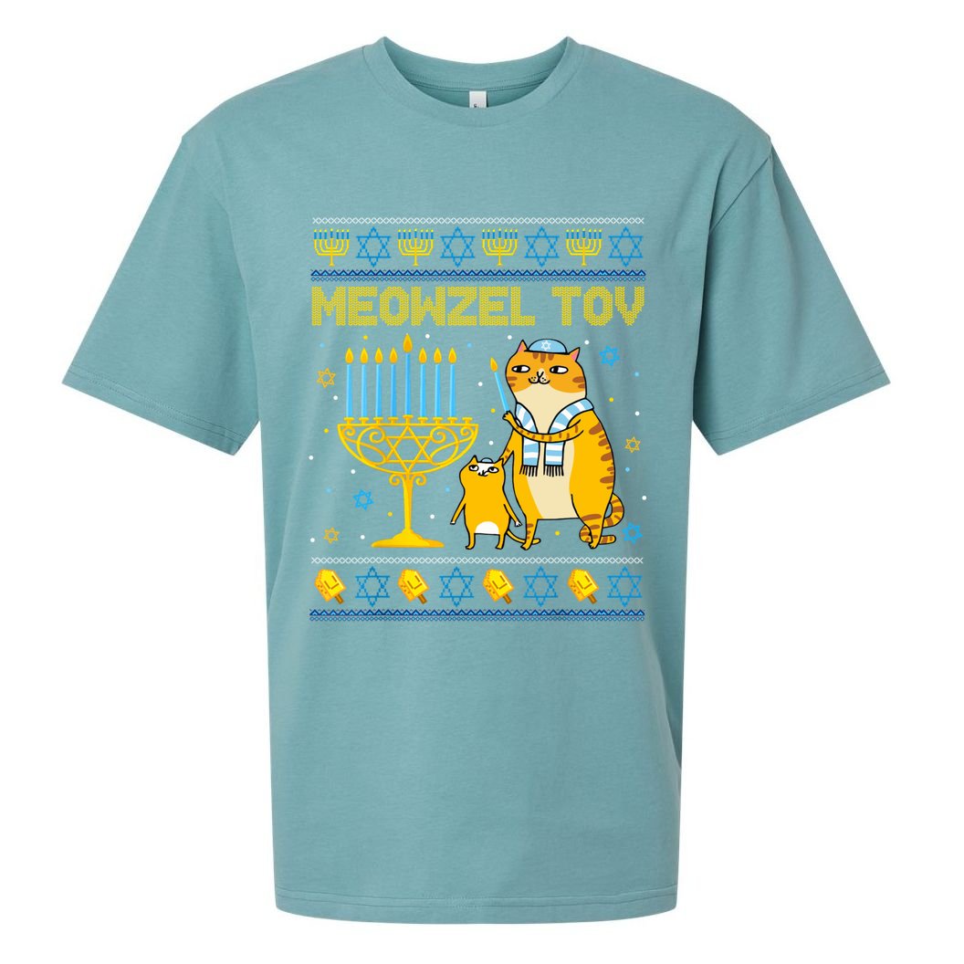 Meowzel Tov Ugly Hanukkah Sweater Cat Chanukah Jew Menorah Sueded Cloud Jersey T-Shirt