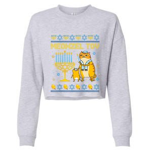 Meowzel Tov Ugly Hanukkah Cat Chanukah Jew Orah Gift Cropped Pullover Crew