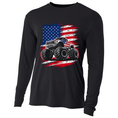 Monster Truck Usa Flag American Cooling Performance Long Sleeve Crew