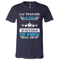 My Teacher Was Wrong Funny Airplane Pilot Aiviation Lovers V-Neck T-Shirt