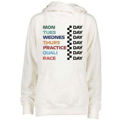 Mon Tues Wednes Thurs Practice Quali Race Day Womens Funnel Neck Pullover Hood