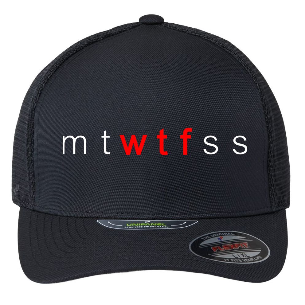 mtWTFss Days of the Week Red WTF Logo Flexfit Unipanel Trucker Cap