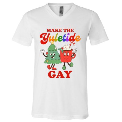 Make The Yuletide Gay Christmas Lgbtq Retro Gay Xmas V-Neck T-Shirt