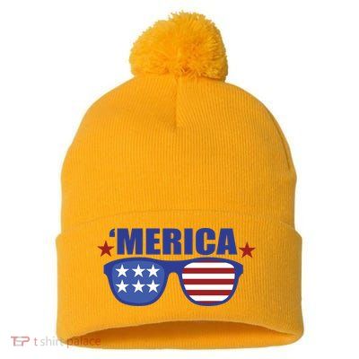 Merica USA 4th Of July Pom Pom 12in Knit Beanie