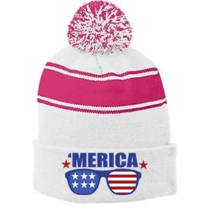 Merica USA 4th Of July Stripe Pom Pom Beanie