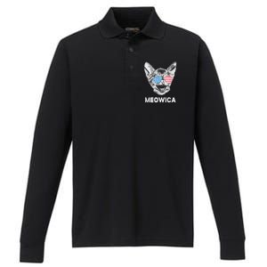 Meowica Usa American Flag Cat July 4 Performance Long Sleeve Polo