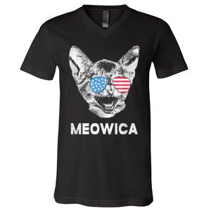 Meowica Usa American Flag Cat July 4 V-Neck T-Shirt