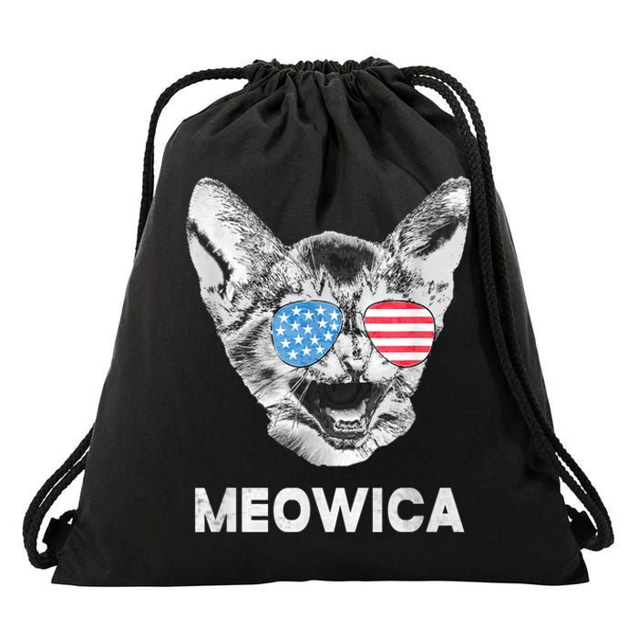 Meowica Usa American Flag Cat July 4 Drawstring Bag