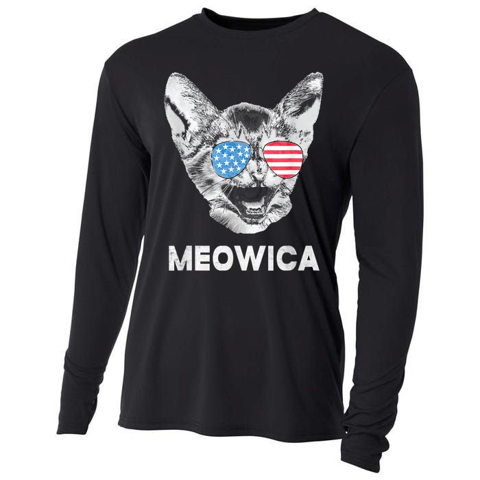 Meowica Usa American Flag Cat July 4 Cooling Performance Long Sleeve Crew