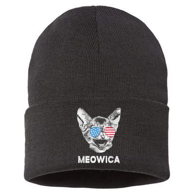 Meowica Usa American Flag Cat July 4 Sustainable Knit Beanie