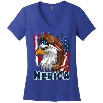 Merica Usa American Flag Eagle Mullet And Bandana Gift Women's V-Neck T-Shirt