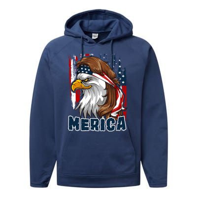 Merica Usa American Flag Eagle Mullet And Bandana Gift Performance Fleece Hoodie