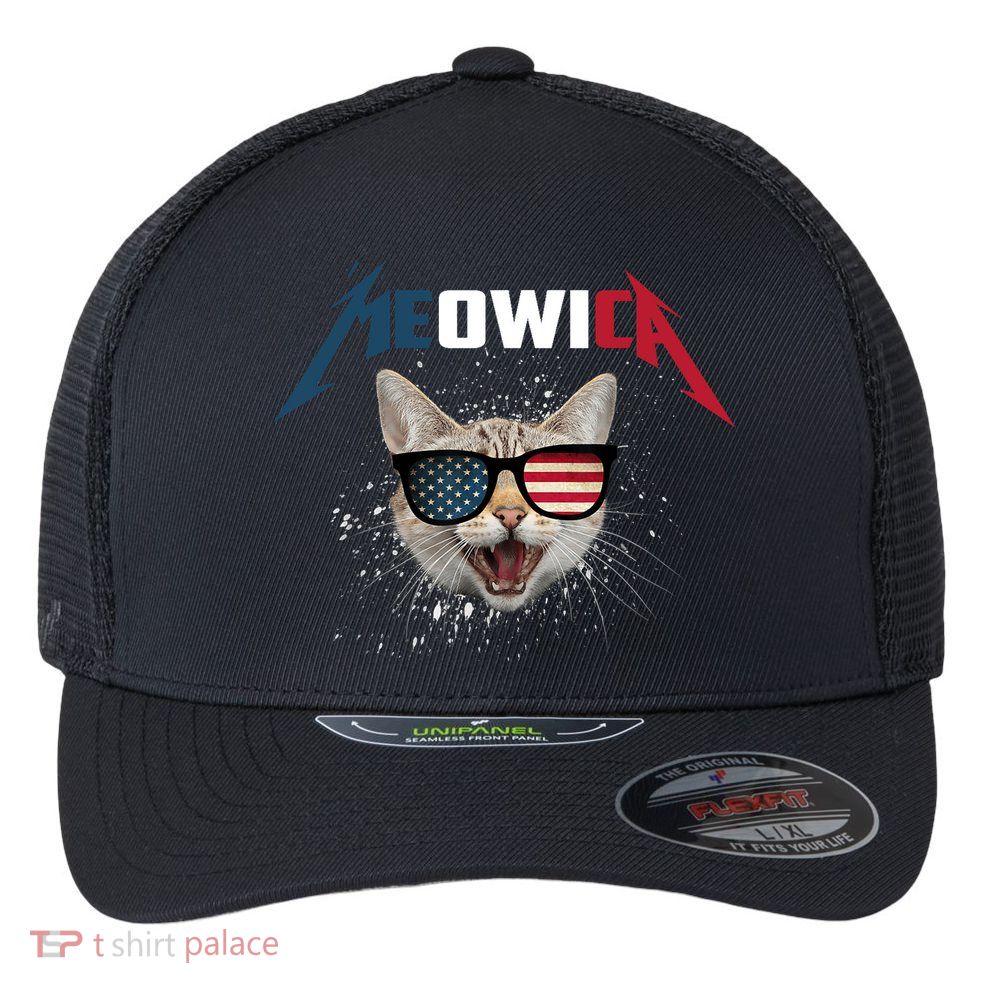 Meowica USA American Flag Cat Funny Patriotic 4th Of July Flexfit Unipanel Trucker Cap
