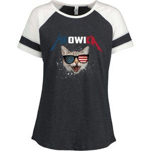 Meowica USA American Flag Cat Funny Patriotic 4th Of July Enza Ladies Jersey Colorblock Tee