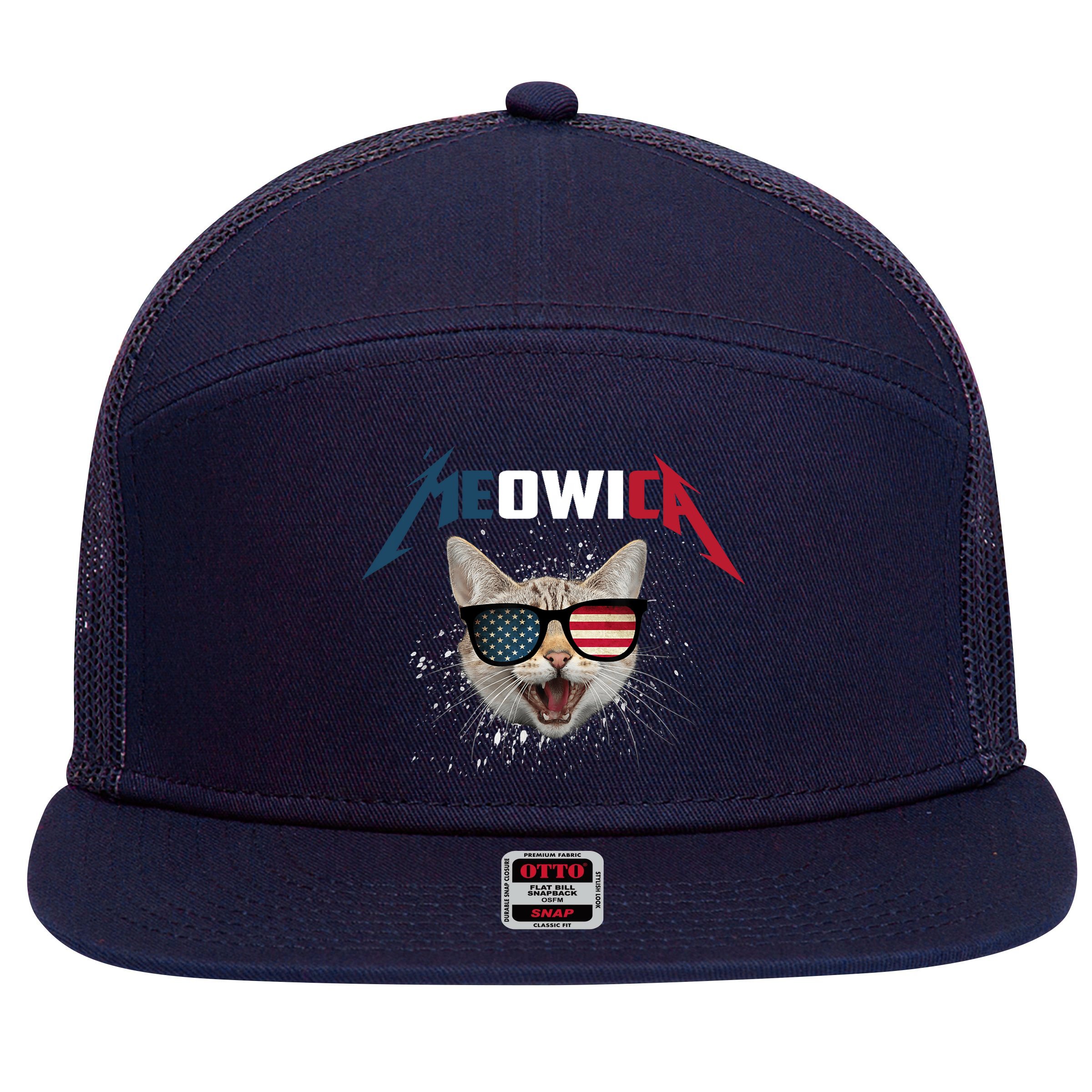 Meowica USA American Flag Cat Funny Patriotic 4th Of July 7 Panel Mesh Trucker Snapback Hat