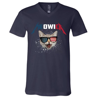 Meowica USA American Flag Cat Funny Patriotic 4th Of July V-Neck T-Shirt