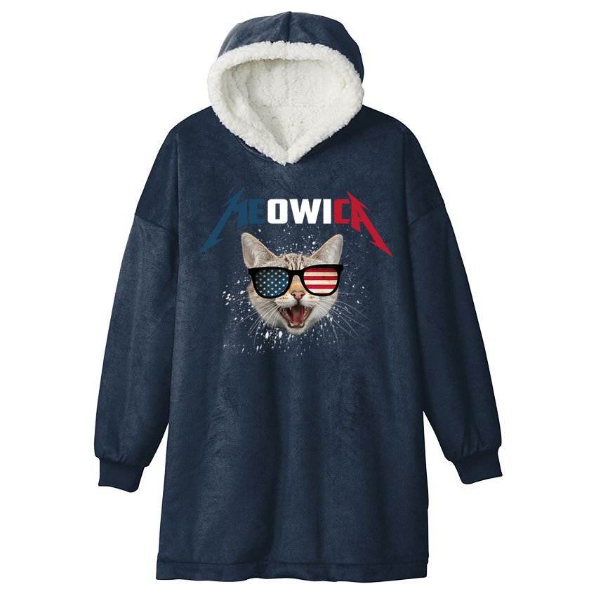Meowica USA American Flag Cat Funny Patriotic 4th Of July Hooded Wearable Blanket