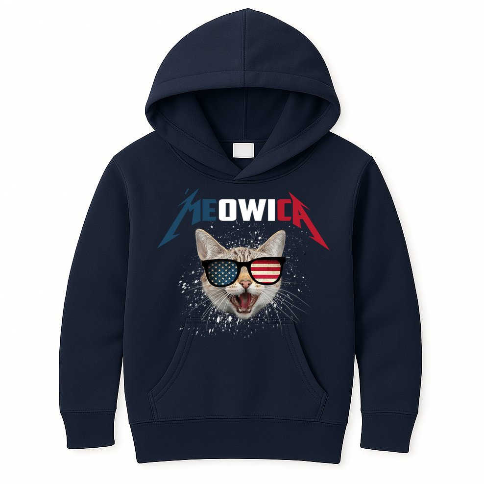 Meowica USA American Flag Cat Funny Patriotic 4th Of July Kids Hoodie