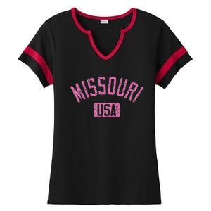 Missouri Usa Arched Text Distressed Pink Ladies Halftime Notch Neck Tee