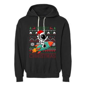 Merry Ugly Christmas Santa Hat Astronaut Riding Rocket Xmas Garment-Dyed Fleece Hoodie