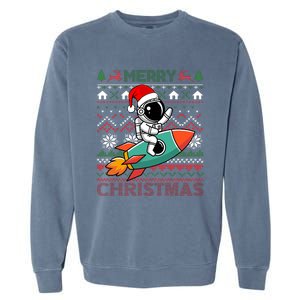 Merry Ugly Christmas Santa Hat Astronaut Riding Rocket Xmas Garment-Dyed Sweatshirt