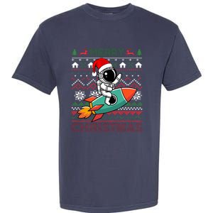 Merry Ugly Christmas Santa Hat Astronaut Riding Rocket Xmas Garment-Dyed Heavyweight T-Shirt