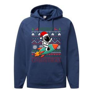 Merry Ugly Christmas Santa Hat Astronaut Riding Rocket Xmas Performance Fleece Hoodie