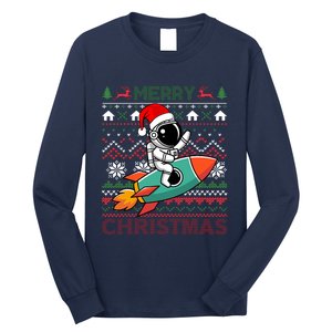 Merry Ugly Christmas Santa Hat Astronaut Riding Rocket Xmas Long Sleeve Shirt