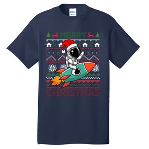 Merry Ugly Christmas Santa Hat Astronaut Riding Rocket Xmas Tall T-Shirt