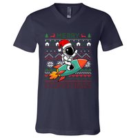 Merry Ugly Christmas Santa Hat Astronaut Riding Rocket Xmas V-Neck T-Shirt